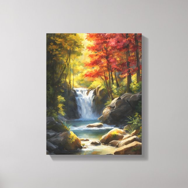 Wasserfall im blühenden Herbstwald Leinwanddruck (Vorderseite)