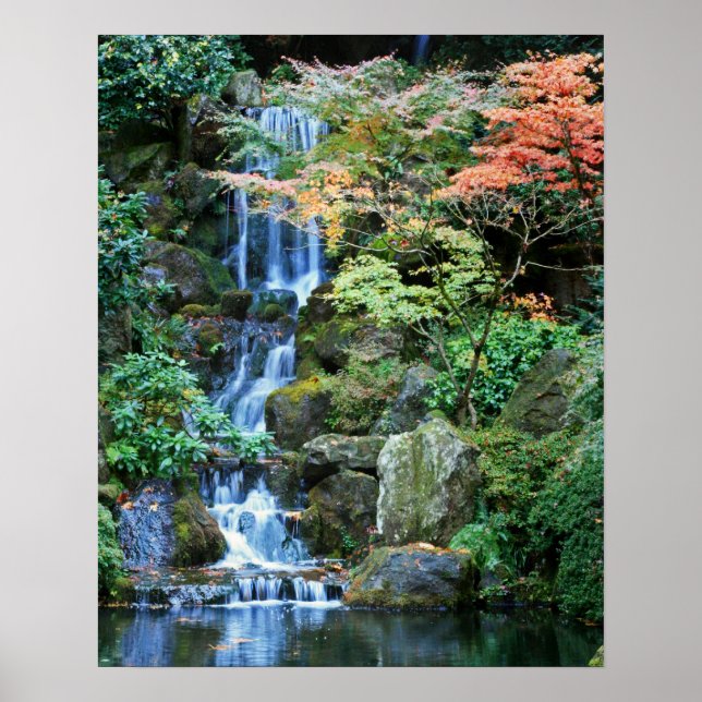 Wasserfall im japanischen Garten Poster (Vorne)