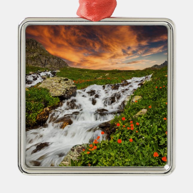 Wasserfall in den Bergen mit Blumen Ornament Aus Metall (Vorne)