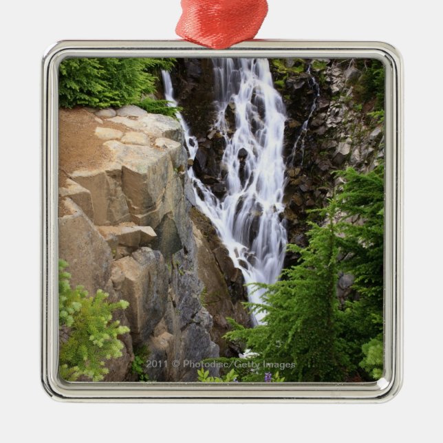Wasserfall in Nationalpark des Mount Rainier Silbernes Ornament (Vorne)