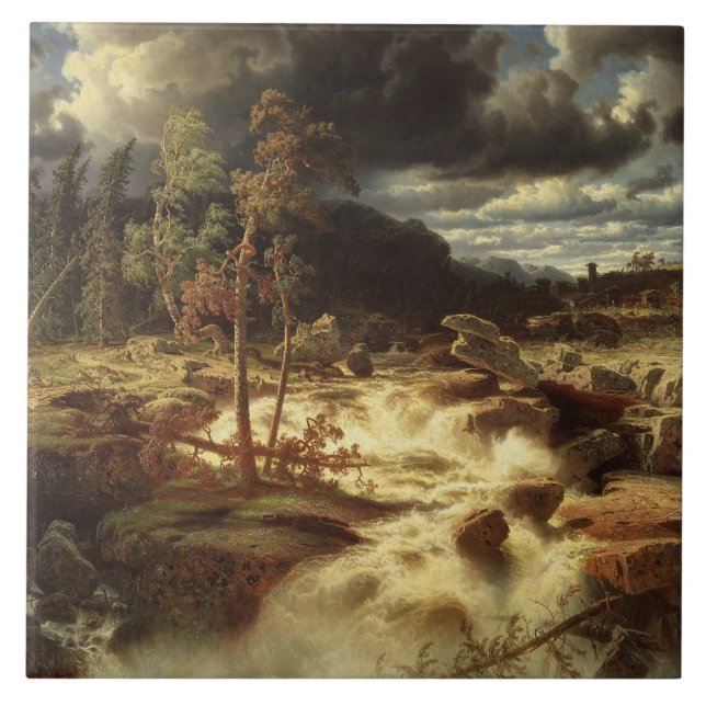 Wasserfall in Schweden (von Marcus Larson) Fliese (Vorderseite)