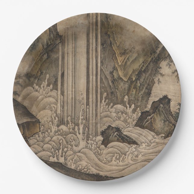 Wasserfall (japanische Landschaftskunst) (Kano Mot Pappteller (Vorderseite)