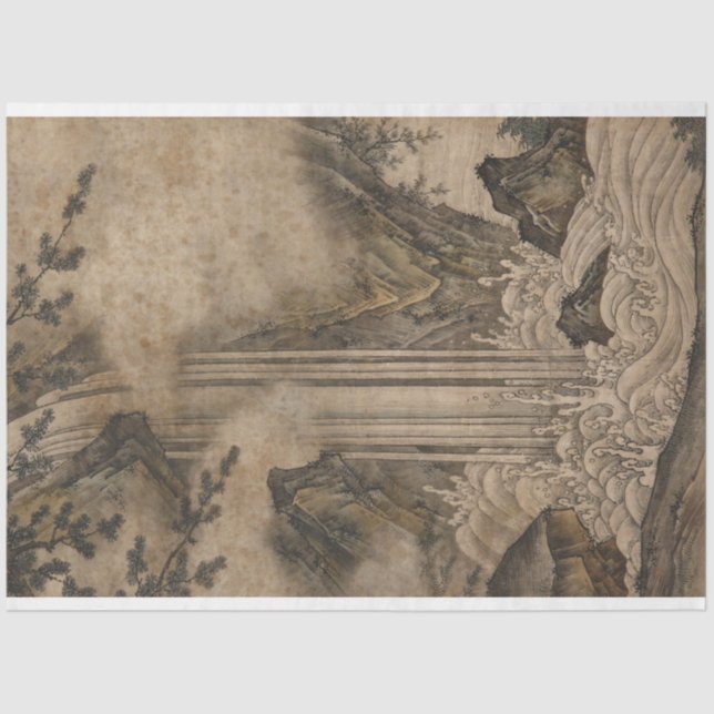 Wasserfall (japanische Landschaftskunst) (Kano Mot Seidenpapier (Vorderseite)