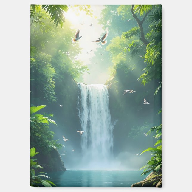 Wasserfall mit Vögeln, die darüber fliegen Magnet (Vorderseite)