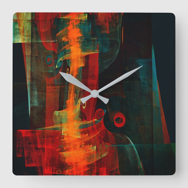 Wasserfall Orange Rotes Blau Abstrakte Kunst Quadratische Wanduhr (Vorderseite)