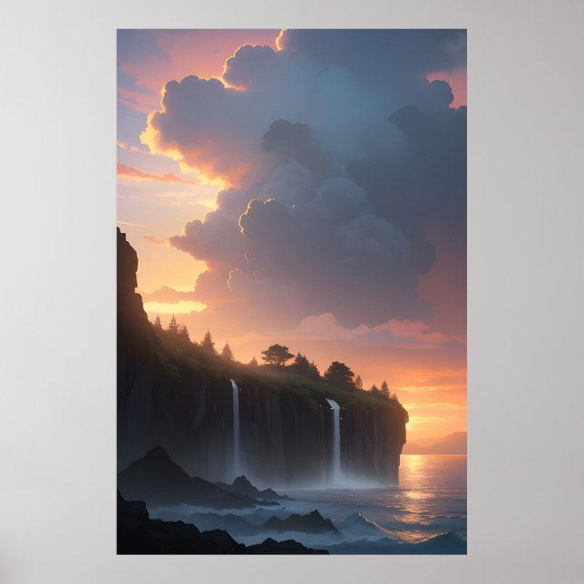 Wasserfall Sonnenuntergang Poster (Vorne)