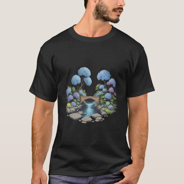Wasserfall, Steinbrücke und Blume T-Shirt (Vorderseite)
