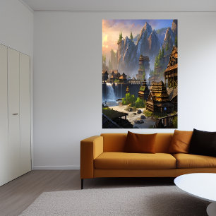 Wasserfall und Berge des Wikingdorf   Art der AI Poster