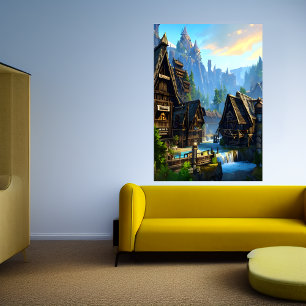 Wasserfall und Berge in der Stadt Art der AI Poster