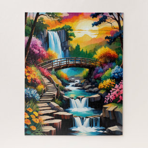 Wasserfall und Fluss im farbenfrohen Alkoholtink Puzzle