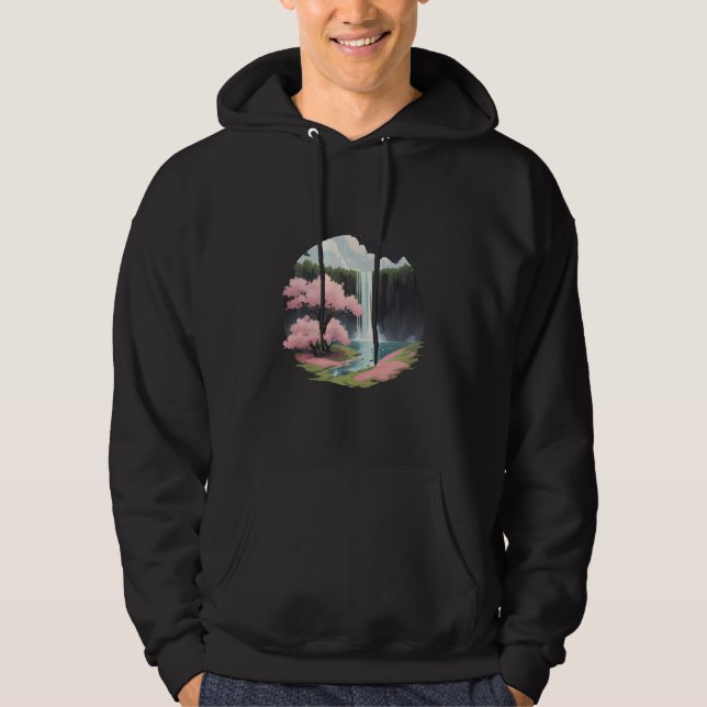 Wasserfall und Kirschblüten Hoodie (Vorderseite)