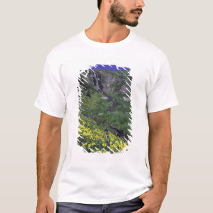 Wasserfall und Wildblumen auf Almwiese, T-Shirt