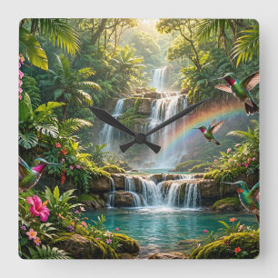 Wasserfälle Regenbogen Kolibris Tropisches Verstec Quadratische Wanduhr