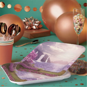 Wasserfälle und Kirchen Bäume um den See Pappteller