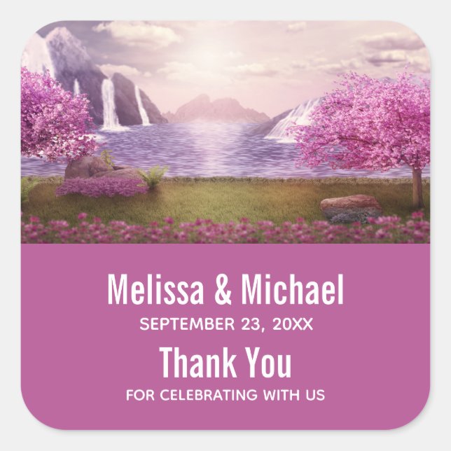 Wasserfälle und Kirschbaume rund um den See Quadratischer Aufkleber (Vorderseite)