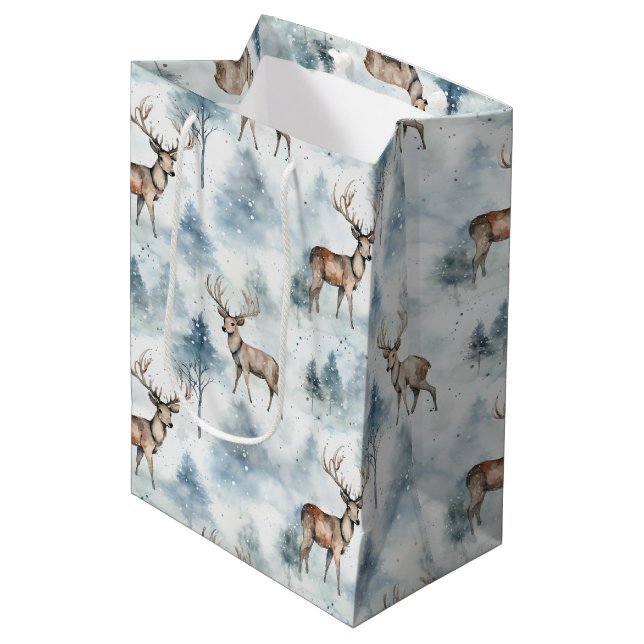 Wasserfarb-Winterwaldhirsche (5) Mittlere Geschenktüte (Vorderseite Schrägansicht)