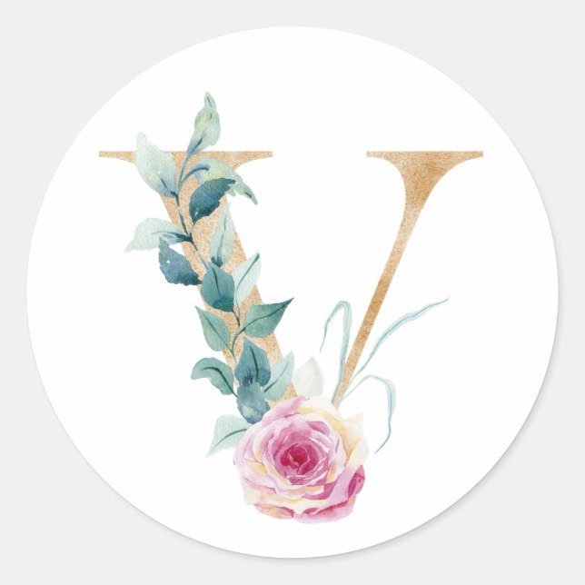 Wasserfarbbuchstabe V mit Rose. Personalisieren du Runder Aufkleber (Vorderseite)