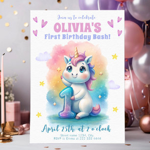 Wasserfarbe 1. Geburtstag Baby Unicorn Party Einladung