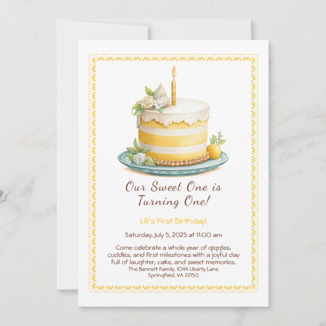 Wasserfarbe 1. Geburtstag Einladung - gelb backen (Vorderseite)
