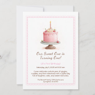Wasserfarbe 1. Geburtstag Einladung - Kuchen pink