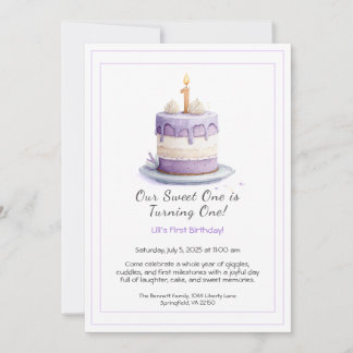 Wasserfarbe 1. Geburtstag Einladung mit Cake lilac