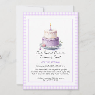 Wasserfarbe 1. Geburtstag Einladung mit Cake lilac