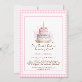 Wasserfarbe 1. Geburtstag Einladung mit Cake pink