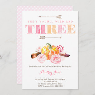 Wasserfarbe 3. Geburtstag Party laden, boho Kürbis Einladung