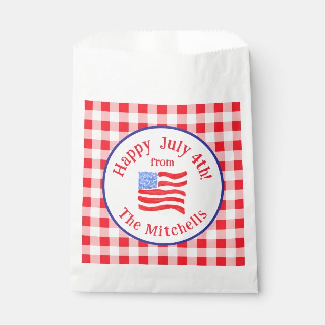 Wasserfarbe 4. Juli Flagge Rotkariert NAME Geschenktütchen (Vorderseite)
