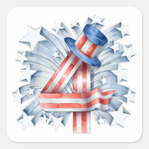 Wasserfarbe 4. Juli Sternhut Urlaub Quadratischer Aufkleber