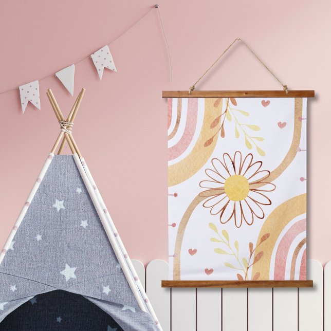 Wasserfarbe Abstrakt Botanische Blume und Regenbog Wandteppich Mit Holzrahmen (In situ)