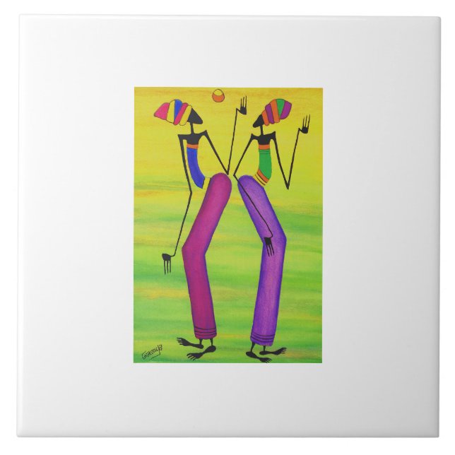 Wasserfarbe, afrikanische Kunst, Sun Party Fliese (Vorderseite)