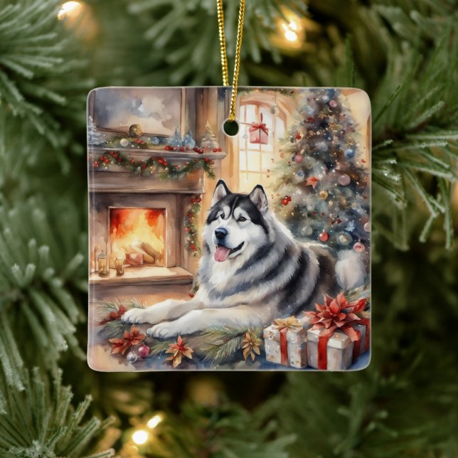 Wasserfarbe Alaskan Malamute - Xmas Szene Keramikornament (Baum)