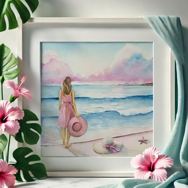 Wasserfarbe am Ufer Fotodruck (Watercolor beach scene for sale in pink and blue by Victoria Grigaliunas of Do Tell A Belle)