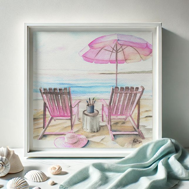 Wasserfarbe an der Küste 2 Fotodruck (Watercolor paintings pink beach art by Victoria Grigaliunas of Do Tell A Belle chairs and umbrella)