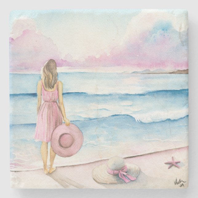 Wasserfarbe an der Küste einzigartig Steinuntersetzer (Vorderseite)