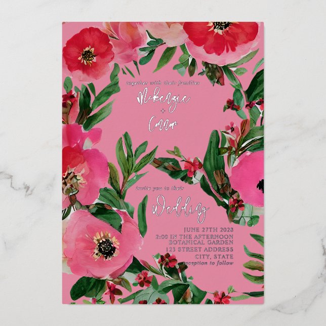 Wasserfarbe Anemone Rosa Hochzeit Folieneinladung (Vorderseite)