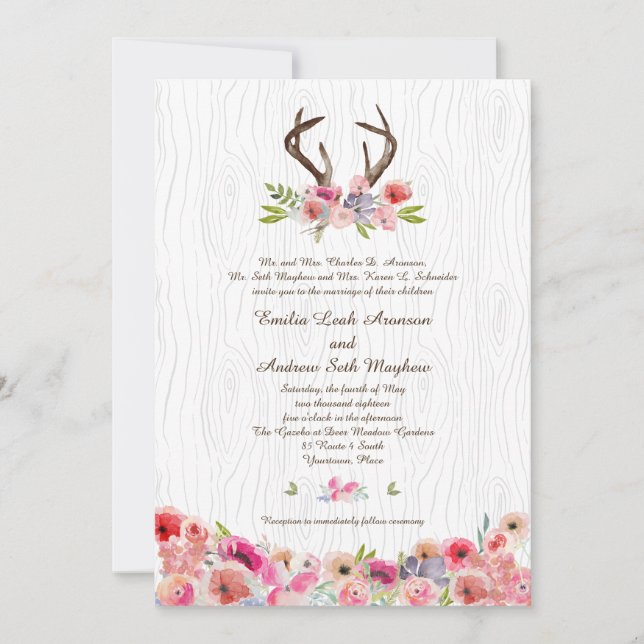 Wasserfarbe Antlers Wildblumen Imitats Bois Weddin Einladung (Vorderseite)