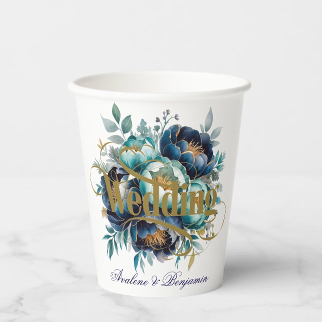 Wasserfarbe Aqua Navy Blauer Peony Floral Hochzeit Pappbecher (Vorderseite)