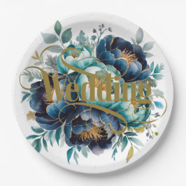 Wasserfarbe Aqua Navy Blauer Peony Floral Hochzeit Pappteller