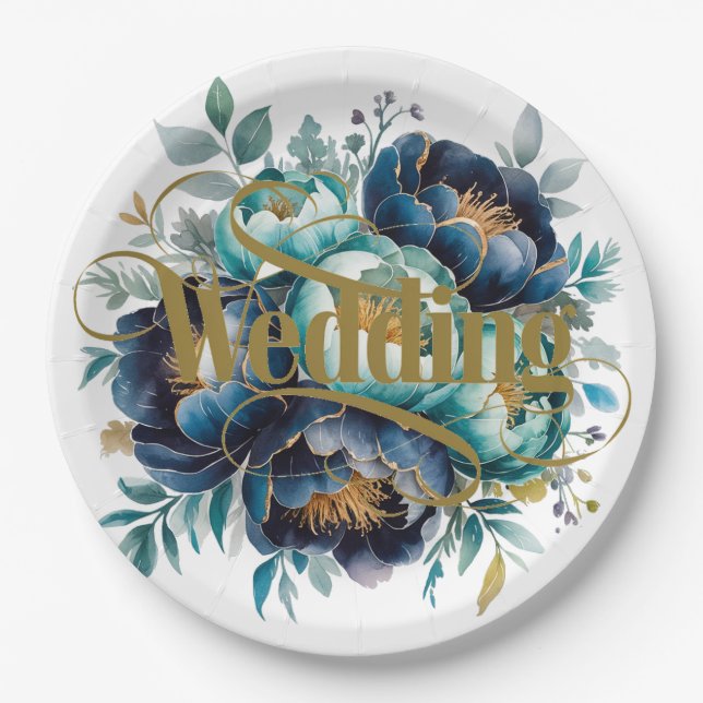 Wasserfarbe Aqua Navy Blauer Peony Floral Hochzeit Pappteller (Vorderseite)