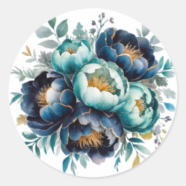 Wasserfarbe Aqua Navy Blauer Peony Floral Hochzeit Runder Aufkleber