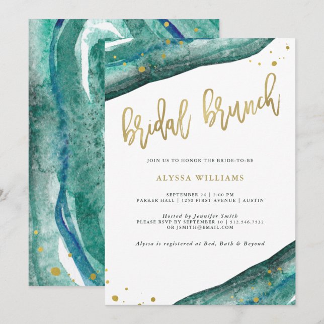 Wasserfarbe Aquamarin und Gold Geode Bridal Brunch Einladung (Vorne/Hinten)