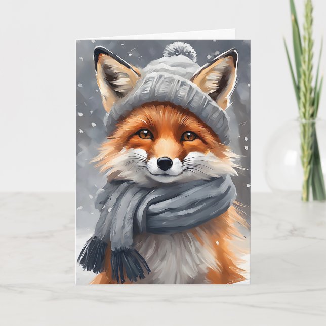 Wasserfarbe Art Red Fox in Hut und Scarb Leere Karte (Vorderseite)