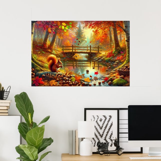 Wasserfarbe Autumnal Forest Szene mit Eichhörnchen Poster (Heimbüro)