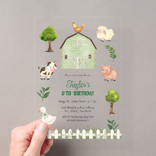 Wasserfarbe Bauernhof Tiere Scheune 8. Geburtstags Acryleinladungen