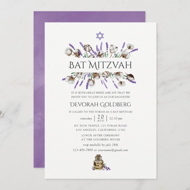 Wasserfarbe Baumwolle Lavender Bat Mitzvah Einladung (Vorne/Hinten)