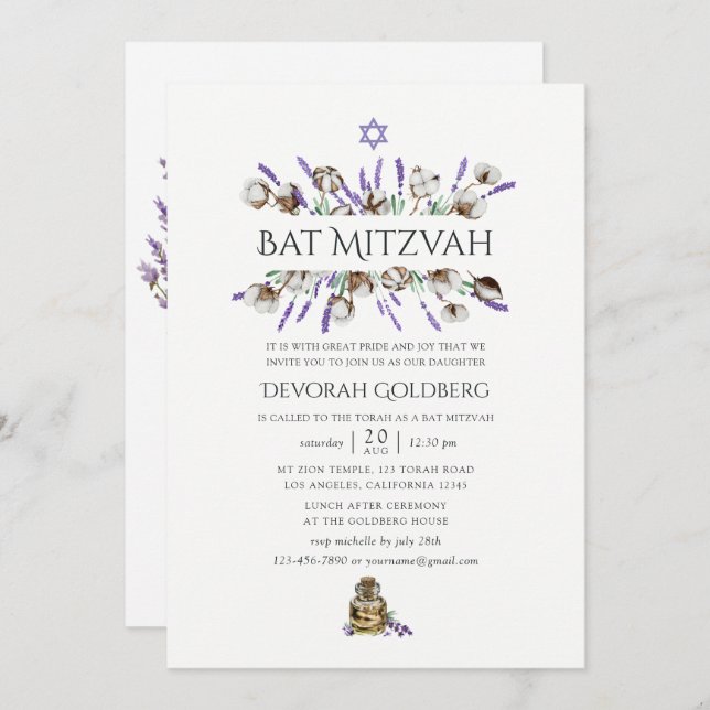 Wasserfarbe Baumwolle Lavender Bat Mitzvah Einladung (Vorne/Hinten)