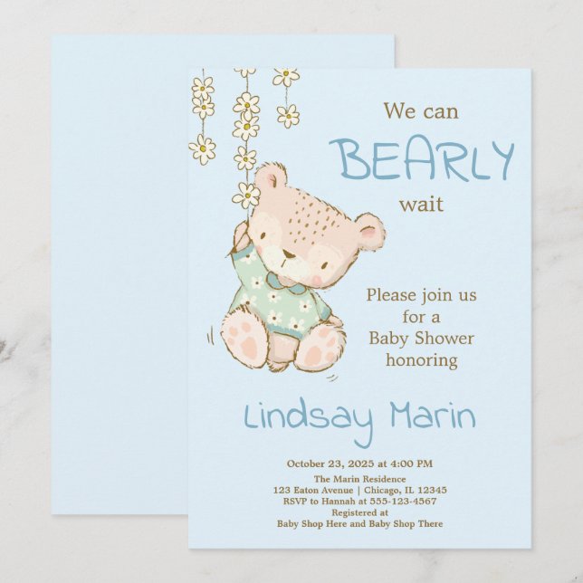 Wasserfarbe Bearly Wait Teddy Bear Garland Invitat Einladung (Vorne/Hinten)