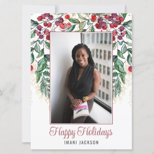 Wasserfarbe-Beeren und Immergrün-Foto-Weihnachten  Feiertagskarte